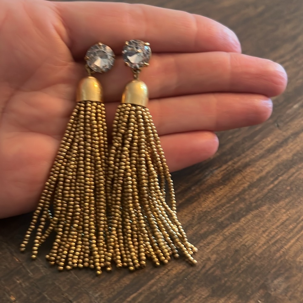 JCrew earrings gold, beaded, tassel, like new! Stud backing crystal top